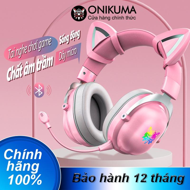 Tai nghe chơi game không dây Bluetooth tai mèo ONIKUMA B100 Hồng với micrô có thể thu vào đèn RGB [Hàng chính hãng]