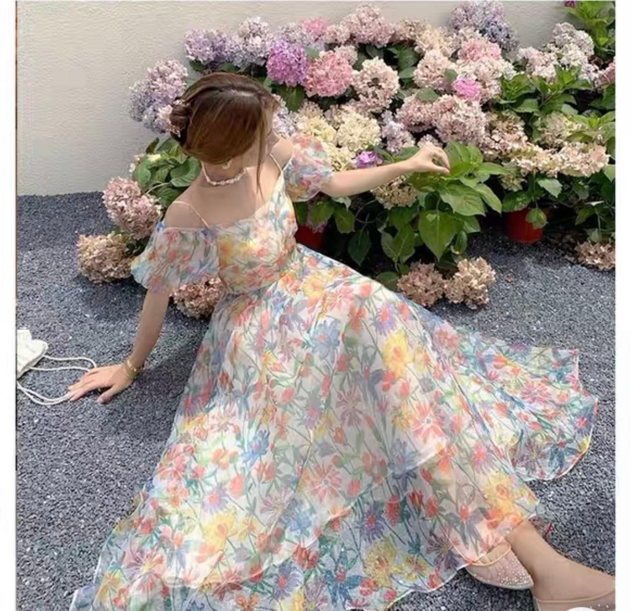 ĐẦM DÀI HOA MAXI ĐI BIỂN CỔ U DÂY LƯNG SUÔNG XÒE MIDI FLORAL DẠO PHỐ DỰ TIỆC