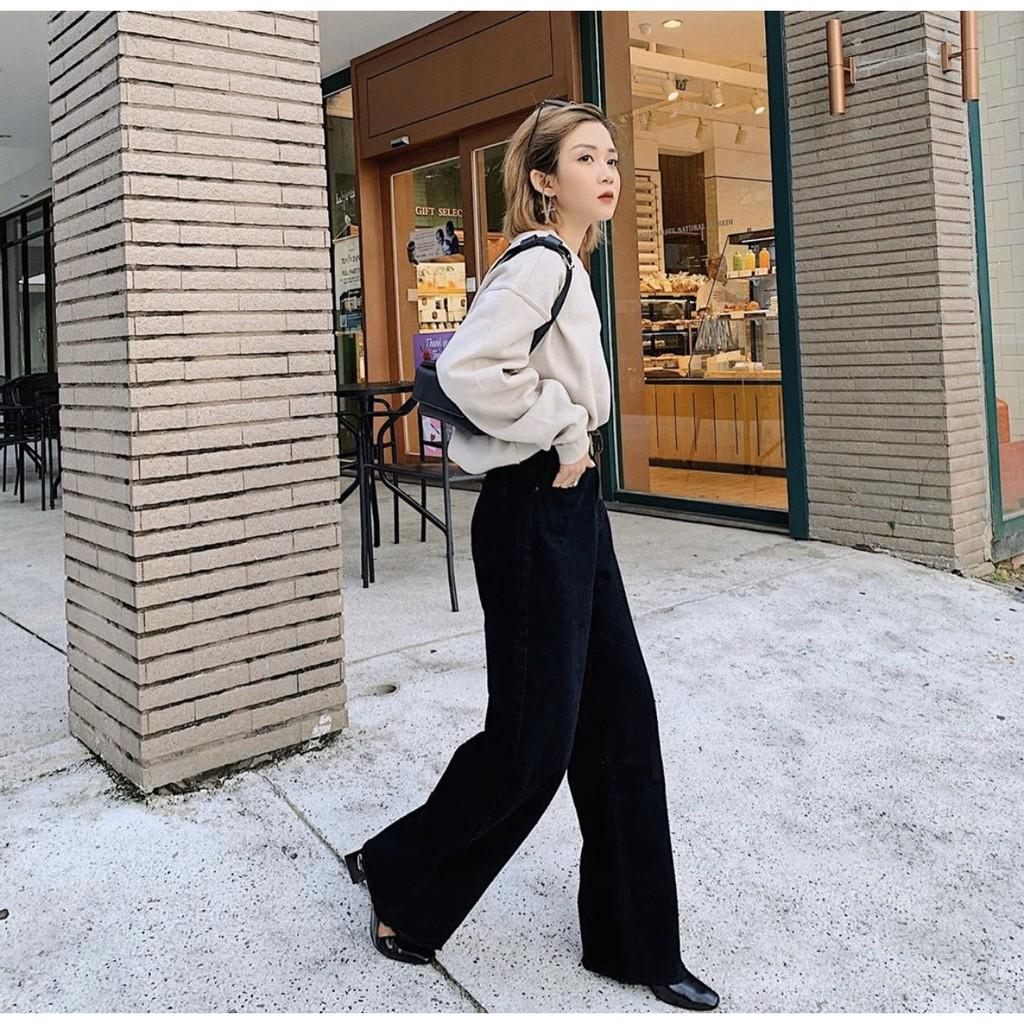 QUẦN JEAN DÀI ỐNG RỘNG LƯNG CAO TRƠN ĐEN BASIC - QUẦN BÒ NỮ CULOTTES SUÔNG N - T 40
