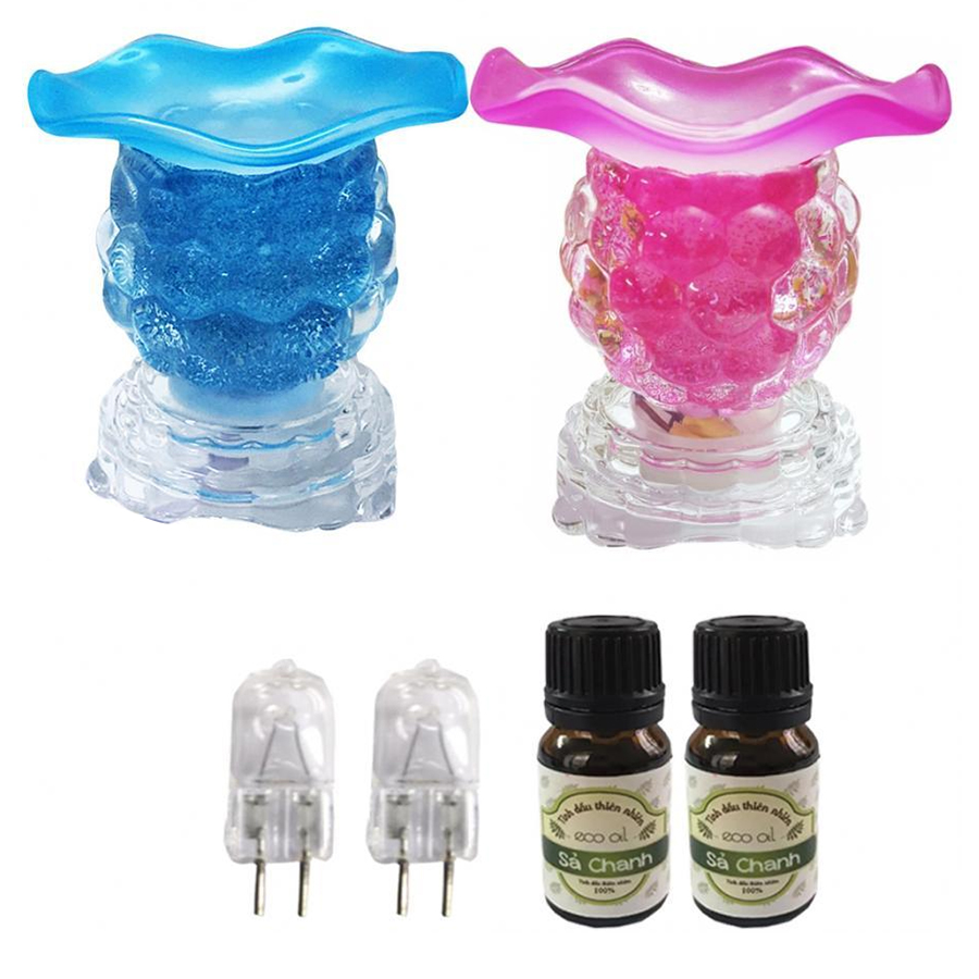 Combo 2 Đèn xông tinh dầu thủy tinh nho kèm 2 chai tinh dầu sả chanh và 2 bóng đèn