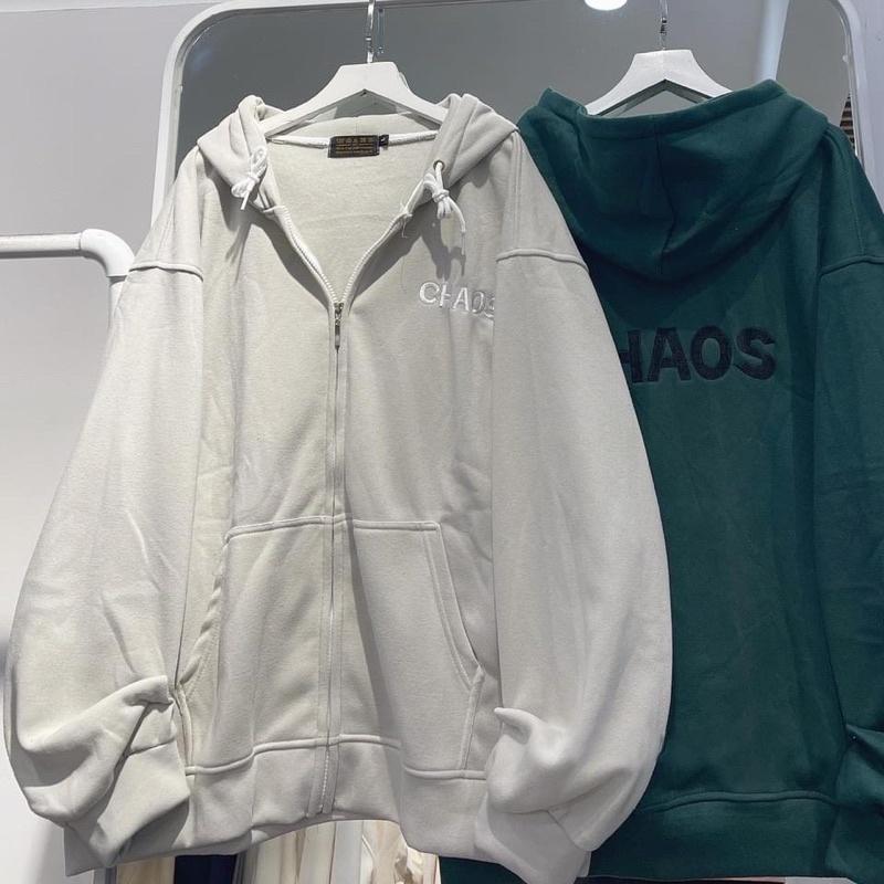 (có sẵn) Áo Khoác Dây Kéo chữ thêu form rộng CHAOS unisex (nam nữ mặc được