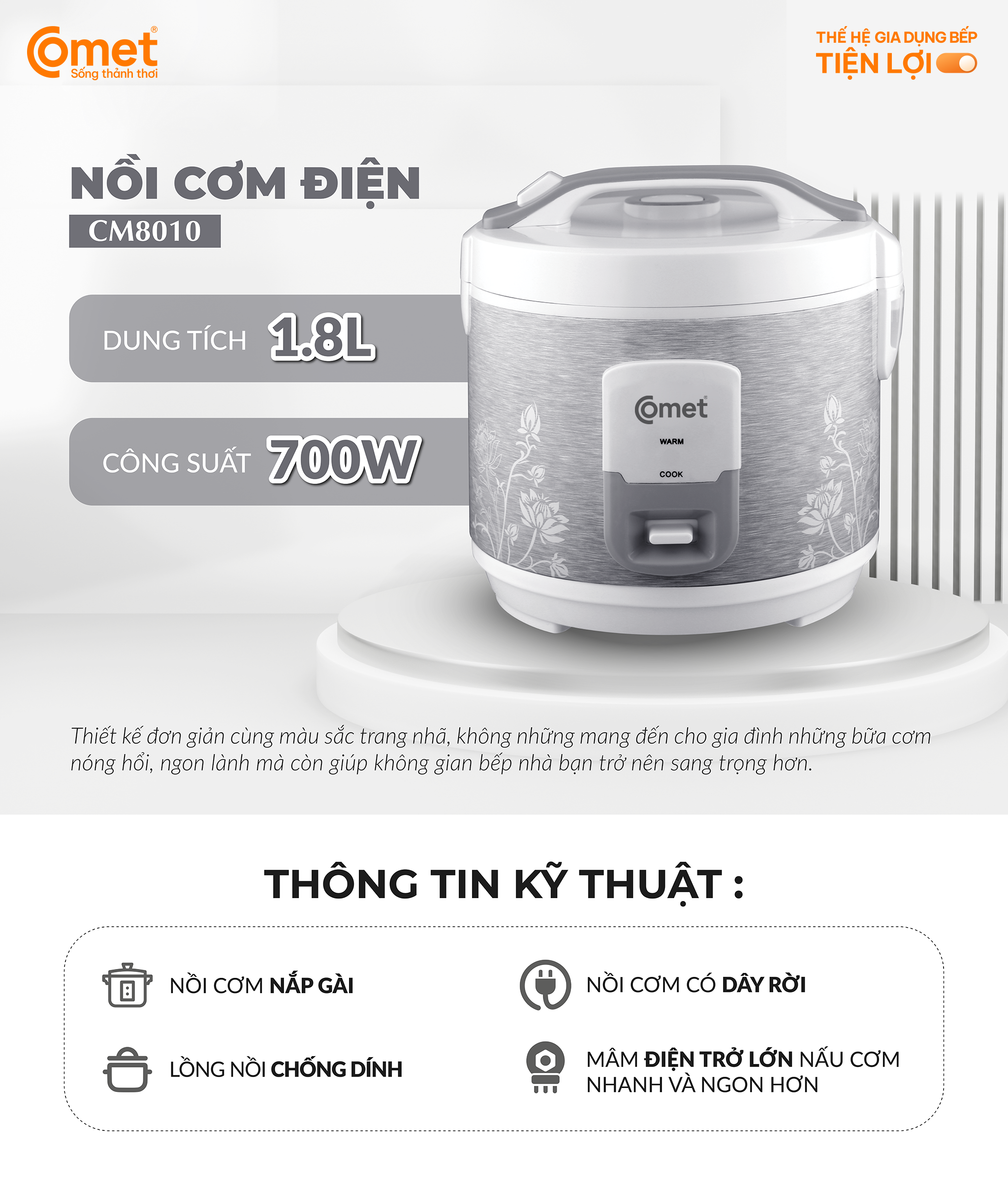 Nồi cơm điện nắp rời Comet CM8009 dung tích 1.2L – Thiết kế nhỏ gọn, mâm nhiệt rộng, dễ sử dụng – Bảo hành 12 tháng - Hàng chính hãng
