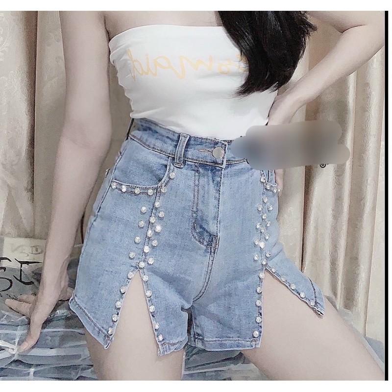 Quần jeans đùi xẻ điinhs đá chất jeans xịn-T