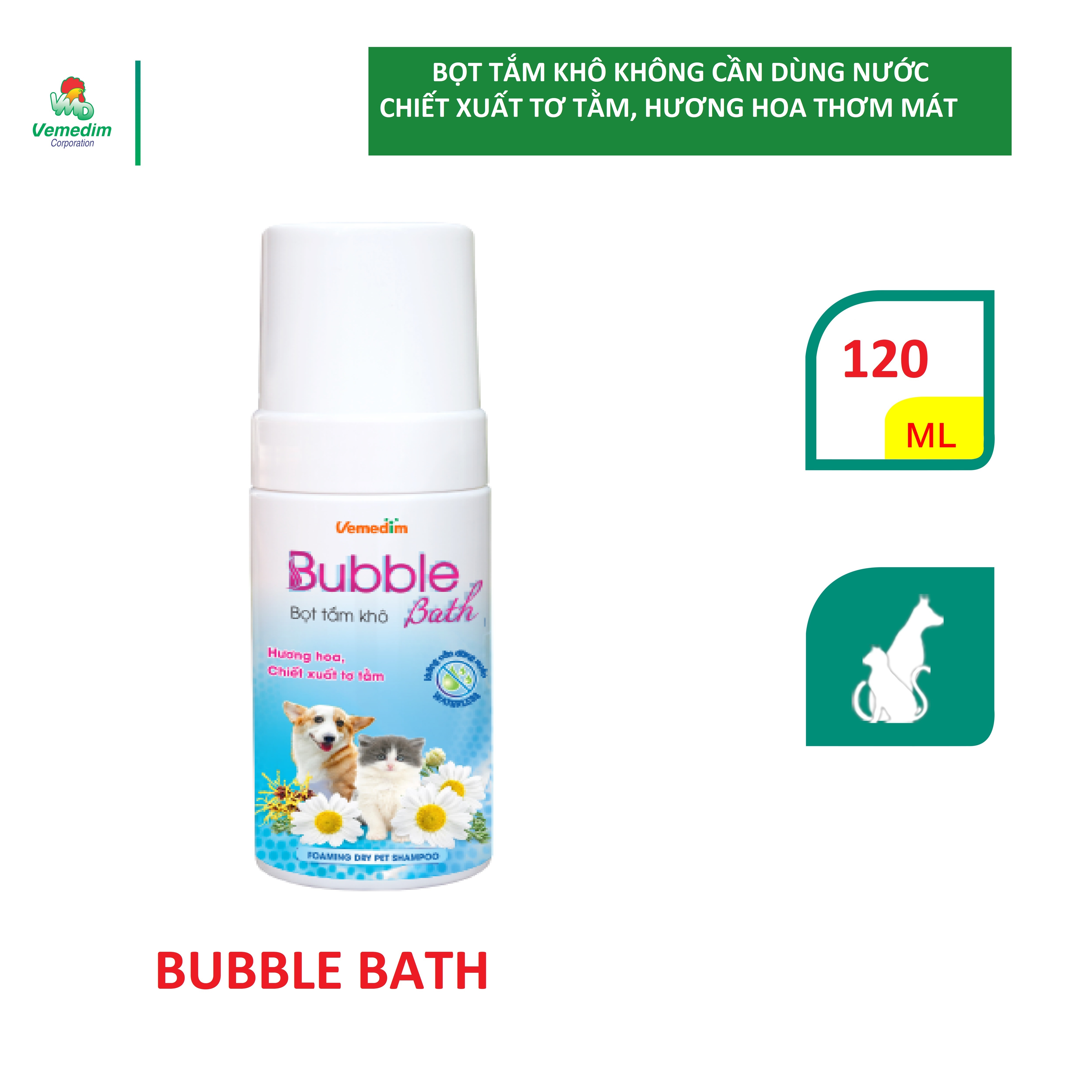 Vemedim Bubble bath bọt tắm khô hương hoa cho chó, mèo, tắm không cần dùng nước, sạch lông, thơm mát, chai 120ml