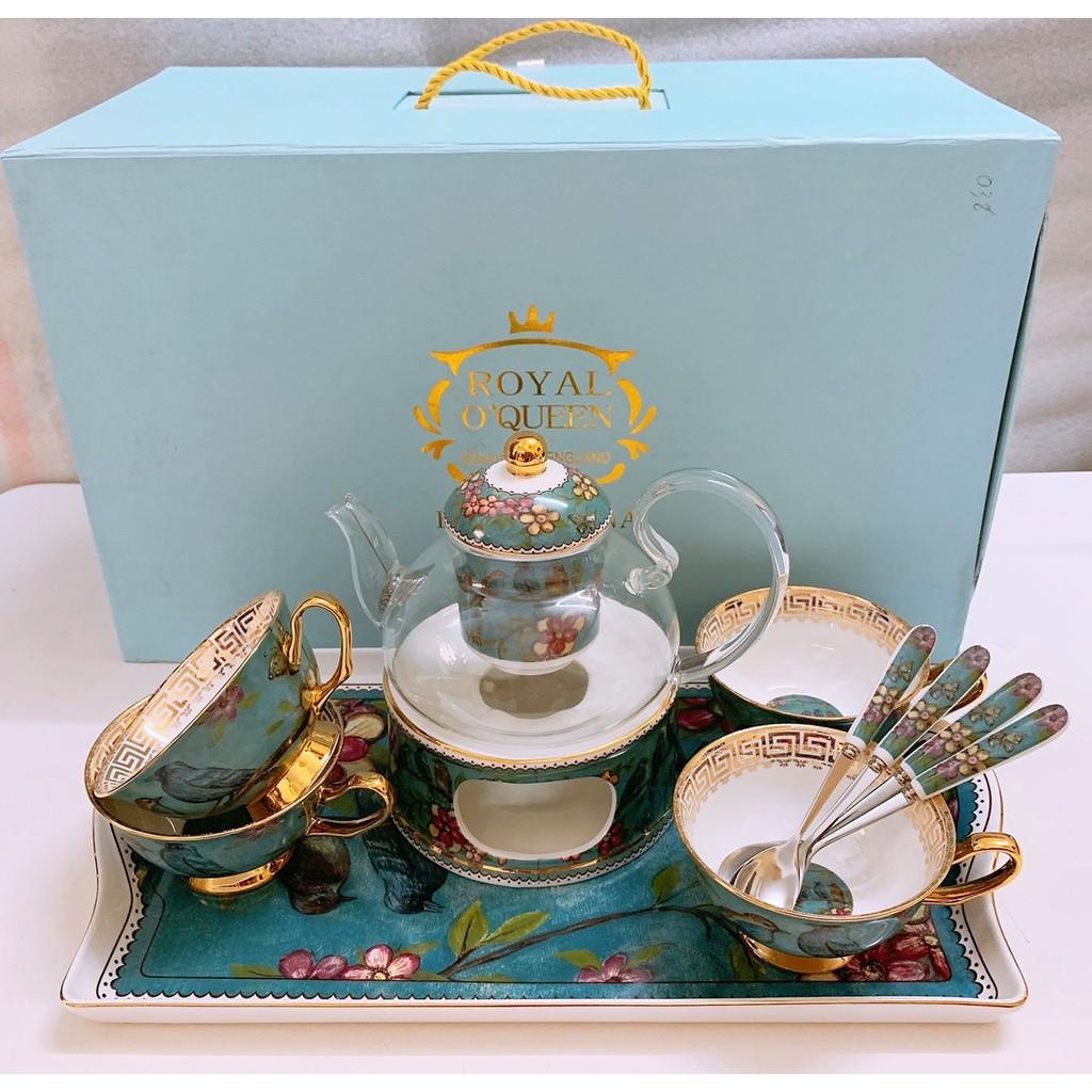 Bộ bình trà sứ hoa và chim xanh kèm đế châm nến phong cách cổ điển sang trọng