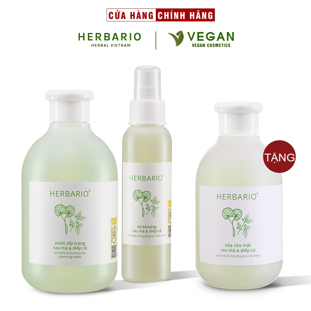 Bộ 3 rau má và diếp cá Herbario chăm sóc da mụn: Nước tẩy trang 300ml + Sữa rửa măt 200ml + Xịt khoáng 100ml