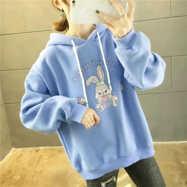 ÁO KHOÁC NỈ HOODIE IN HÌNH, NÓN PHỐI TAI THỎ XINH XẮN