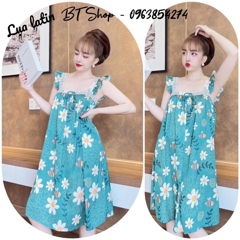 Váy ngủ mặc nhà lụa latin 2 dây hoạ tiết dễ thương freesize 42-57kg
