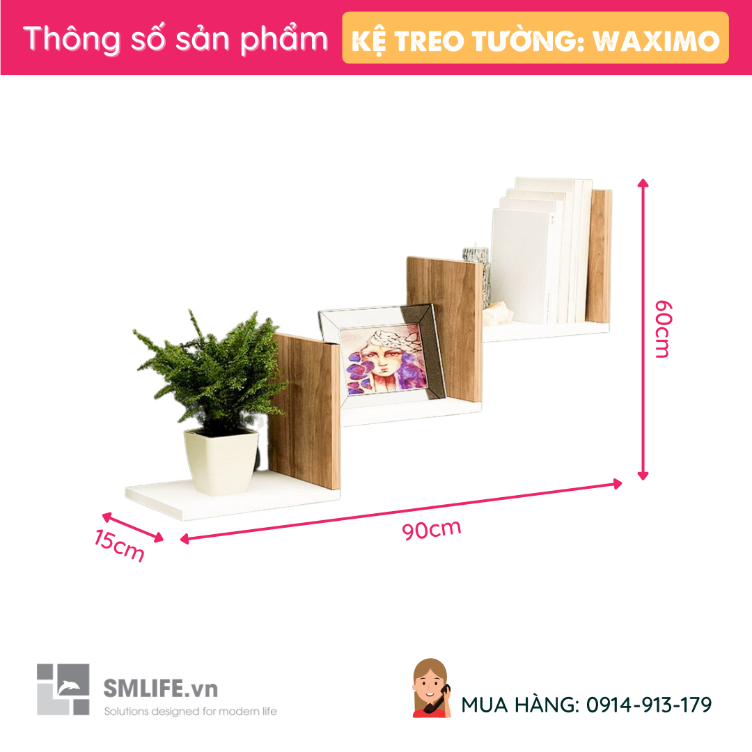 Kệ gỗ treo tường trang trí hiện đại SMLIFE Waximo | Gỗ MDF dày 17mm chống ẩm | D90xR15xC60cm