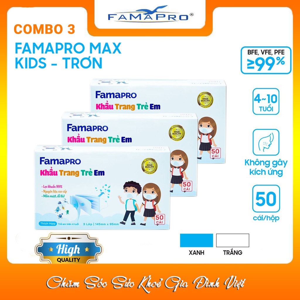 3 Hộp Khẩu Trang Y Tế Trẻ Em Cao Cấp FAMAPRO - 3 Lớp/Kháng Virus, Lọc Khuẩn, Bụi, 99% Tốt Nhất /