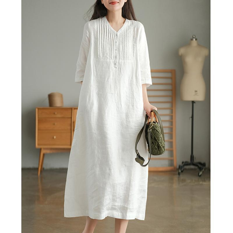 Đầm Linen Suông Nữ Thiết Kế Cổ Xẻ Xếp Li, Tay Lỡ Phong Cách Thanh Lịch Đũi Việt - Trắng - L