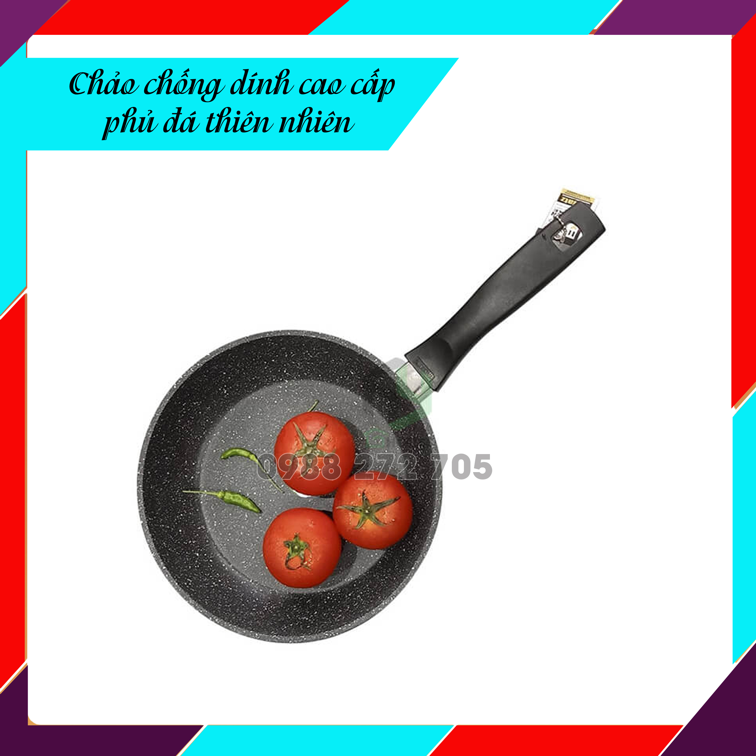 Chảo chống dính phủ đá thiên nhiên cao cấp dùng cho bếp từ - 24cm sâu
