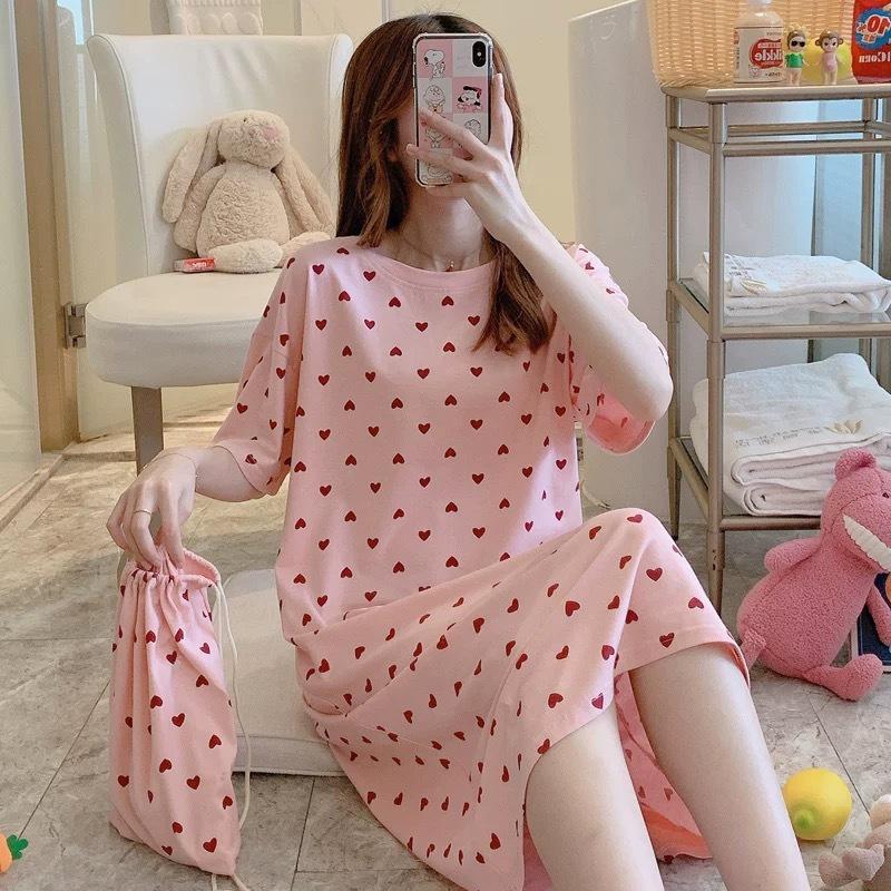 Váy Mặc Nhà, Váy Ngủ Họa Tiết Đáng Yêu, Chất Thun Cotton Mềm Mịn Diện Hè VU