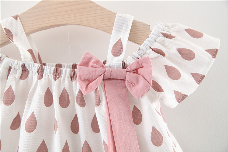 Bộ Quần Áo 2 Dây Trễ Vai Xuất Hàn Họa Tiết Hạt Mưa Đính Nơ Điệu Đà Cho Bé Gái