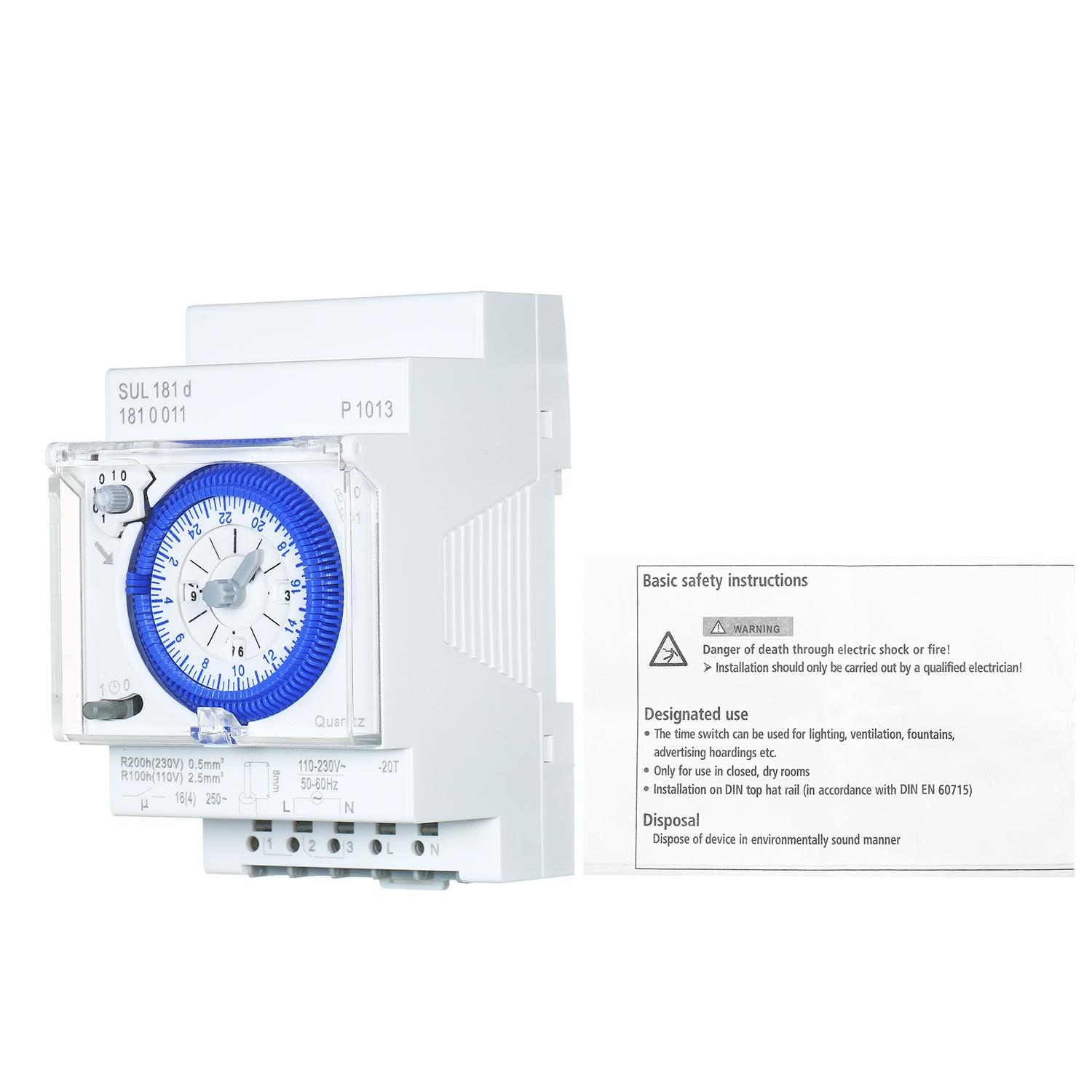 SUL181d 24-Hour Mechanical Timer 30-Minute Intervals Time Switch Relay Electrical Programmable Timer 24 hour Din Rail