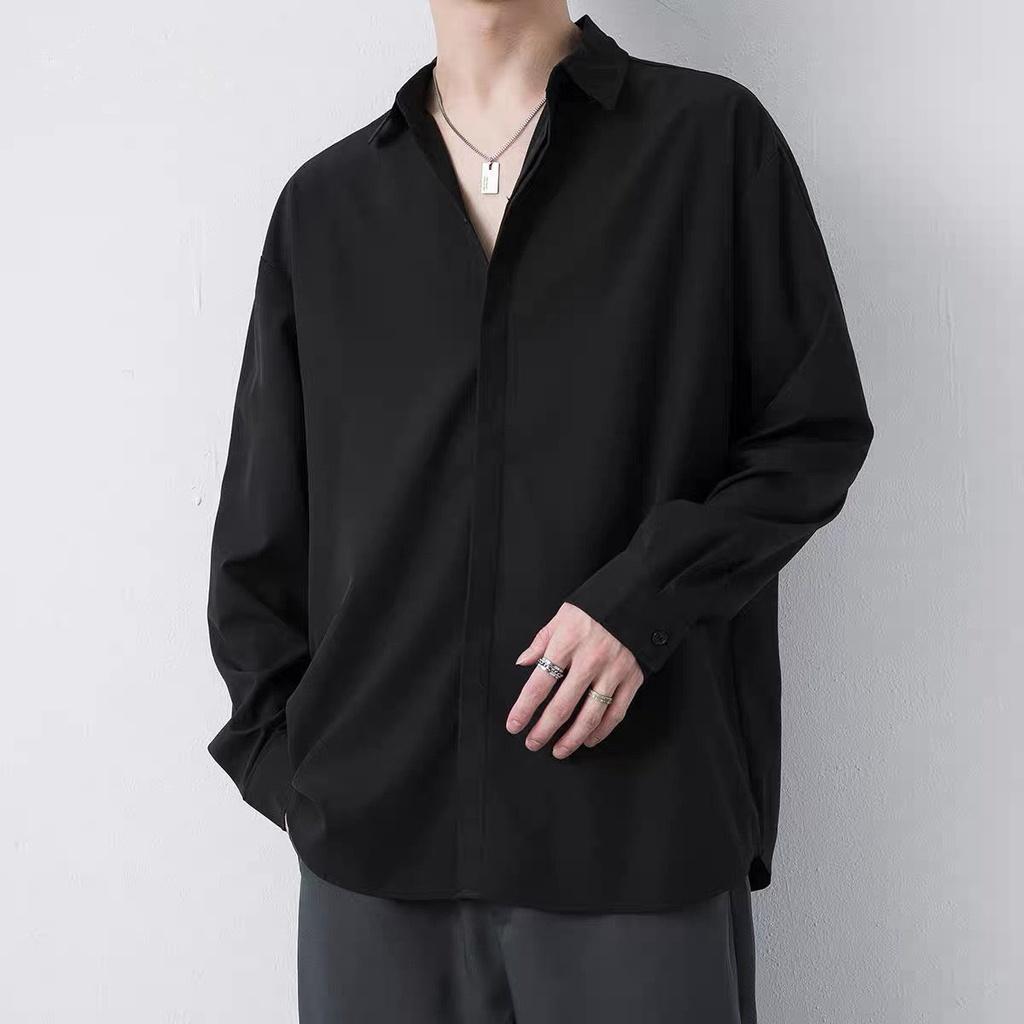 Áo sơ mi nam che nút tay dài vải cotton lụa mềm mượt mặc mát sơ mi Unisex fom rộng nam nữ mẫu mới ẩn nút tay dài mã 26