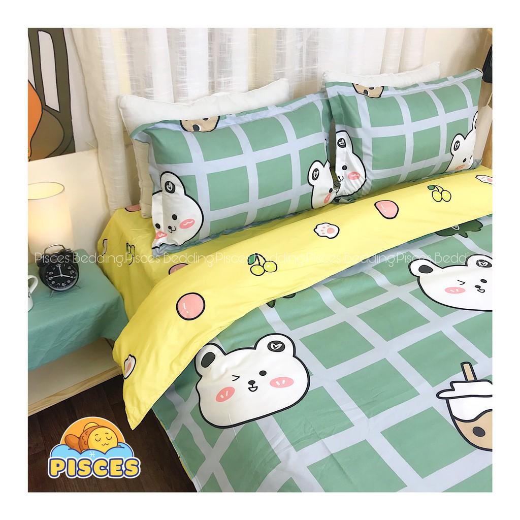 Bộ Chăn Ga Gối Cotton Poly Gấu Trắng Caro Xanh