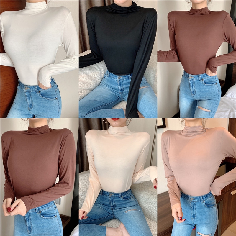 Áo Thun Lạnh Cổ Cao Ôm Dáng Dài Tay