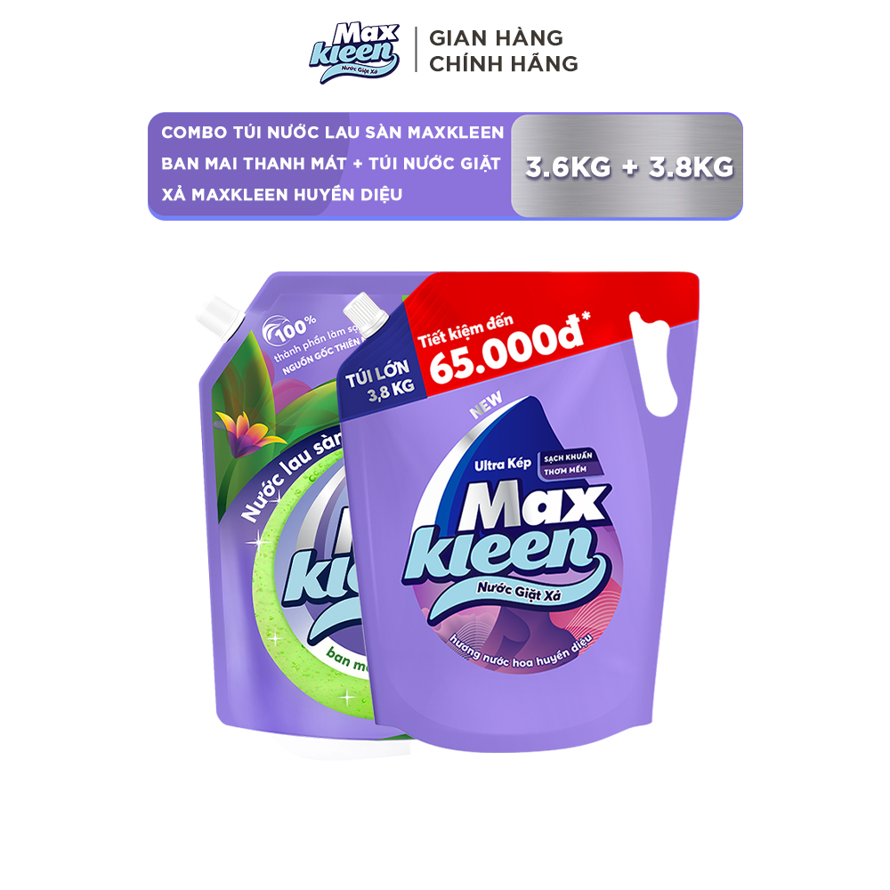 Combo Túi Nước Lau Sàn 3.6kg Ban Mai Thanh Mát + Túi Nước Giặt Xả MaxKleen 3.8kg Huyền Diệu