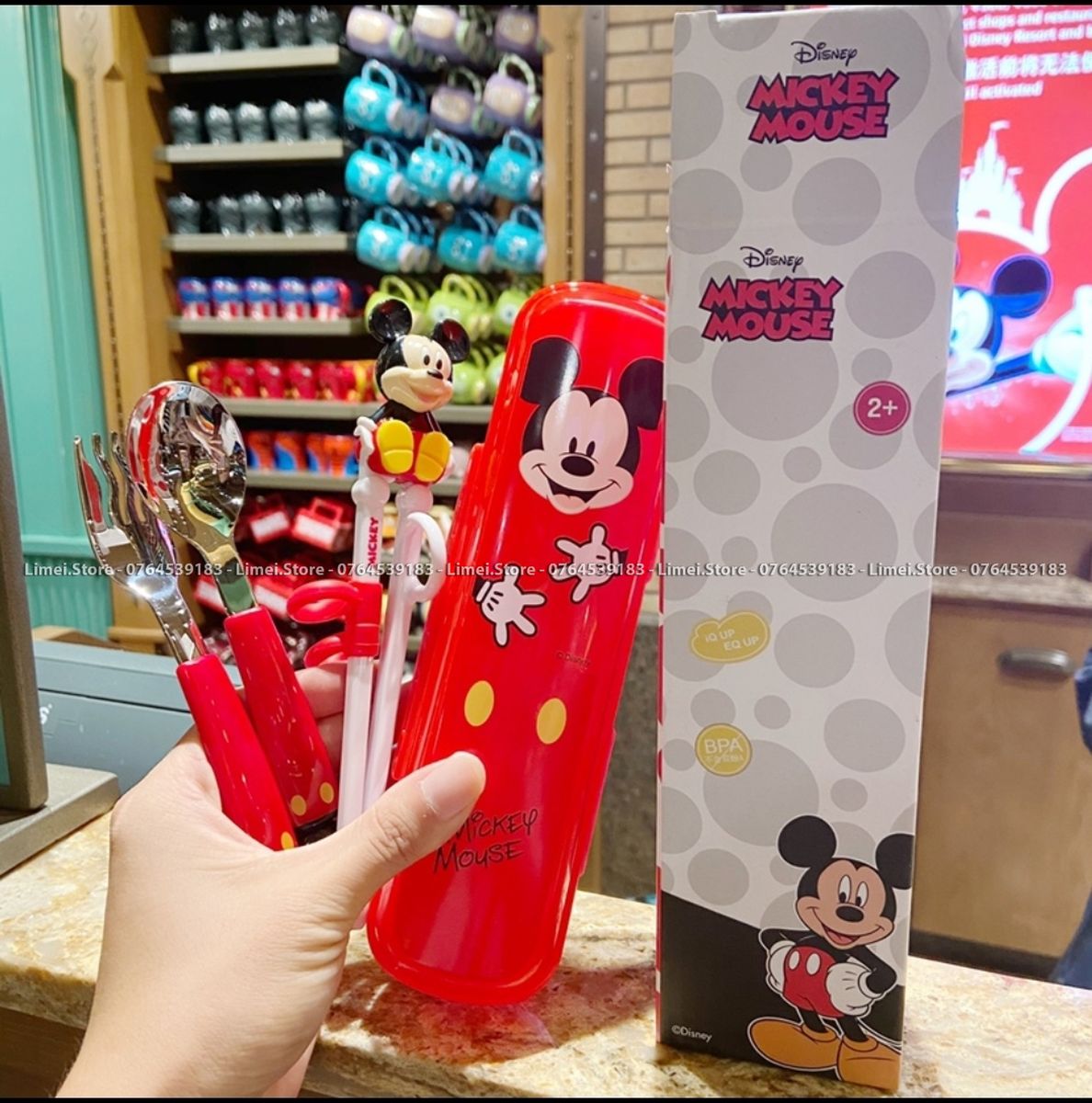 Set bộ 3 món muỗng + đũa + nĩa Disney hình Mickey tập ăn cao cấp cho bé trai ( Tặng hộp đựng kèm )
