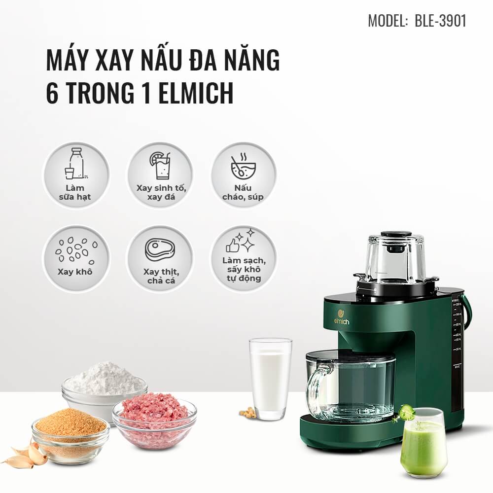 Máy xay nấu đa năng 6 trong 1 Elmich BLE-3901, Hàng chính hãng, 6 chương trình nấu, Gia nhiệt 3D bằng hơi nước - JoyMall