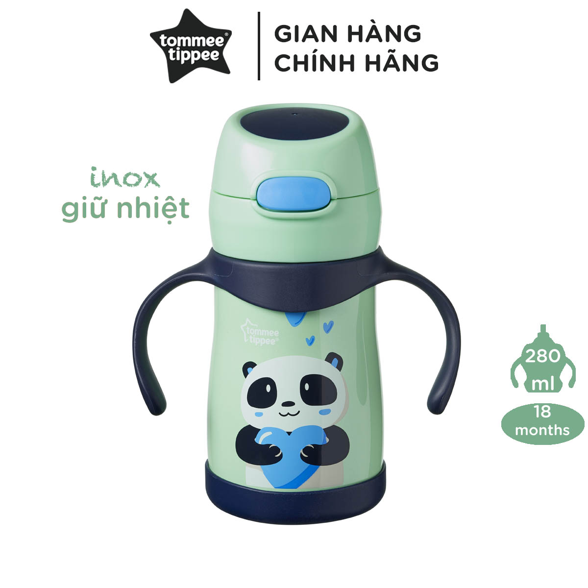 Bình uống nước Inox giữ nhiệt có ống hút và tay cầm cho bé Tommee Tippee 280ml từ 12 tháng