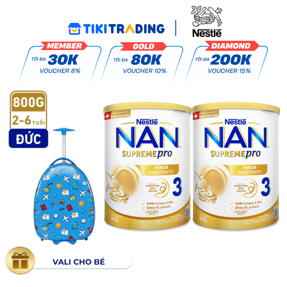 Bộ 2 Lon Sữa Bột Nestlé NAN SupremePro 3 với 5HMO giúp tăng đề kháng, đạm Gentle Optipro giúp dễ hấp thu &amp; ngừa nguy cơ dị ứng (chàm sữa) - Tặng Vali cho bé (2-6 tuổi)