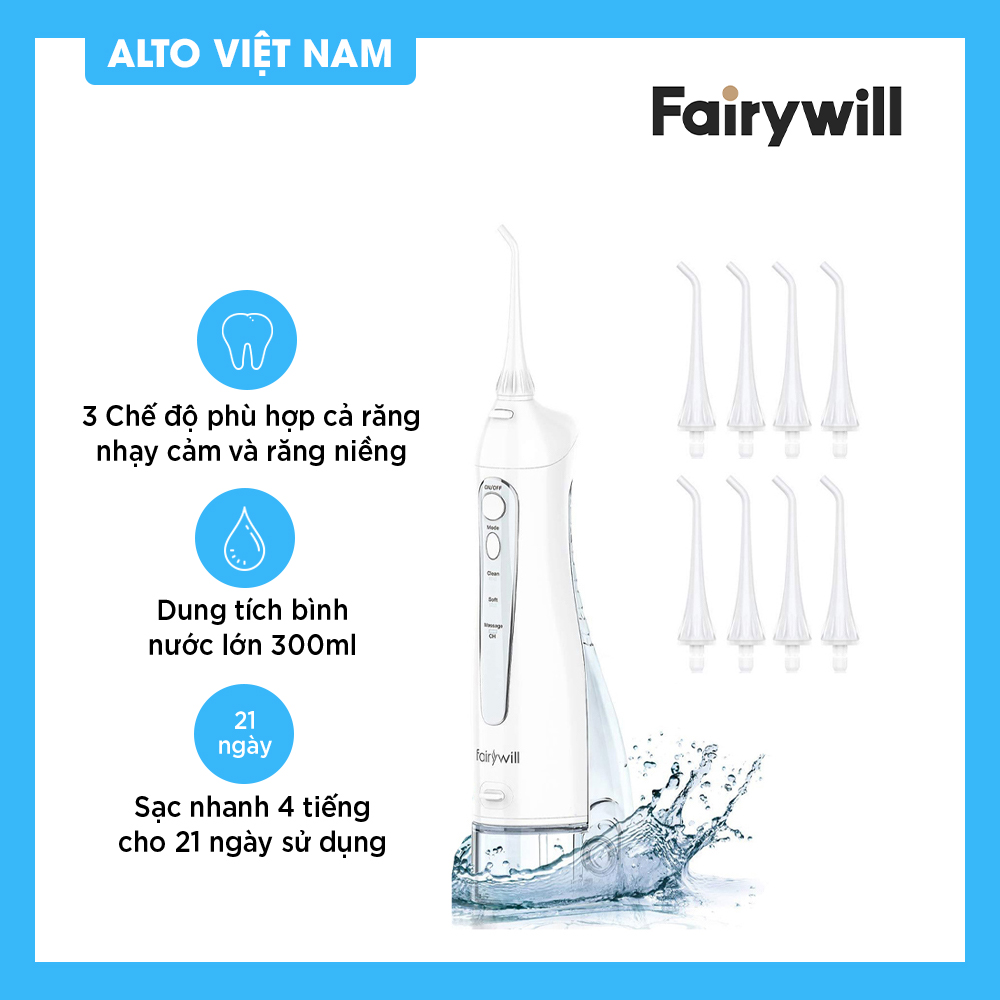 Máy tăm nước cầm tay FAIRYWILL FW-5020E Bản Màu Trắng Thiết kế nhỏ gọn Sạc bằng USB Dễ mang đi du lịch Hàng Chính Hãng