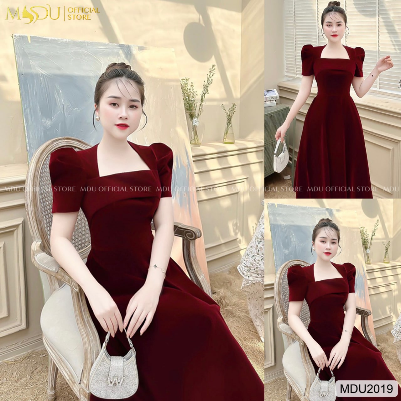 Đầm chất nhung dáng xòe cổ vuông MDU2019