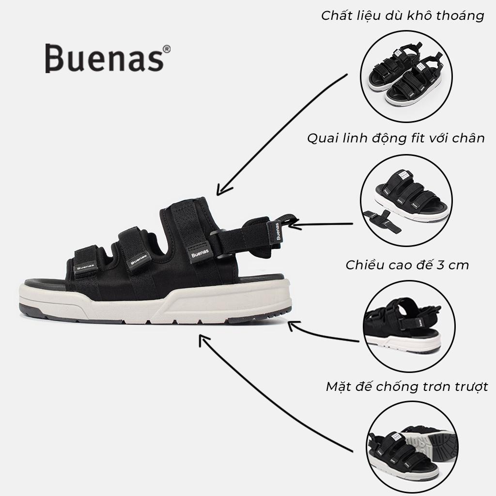 Giày sandal nam nữ unisex đi học quai ngang Buenas Sport 6879 đen ghi đế cao 3 phân