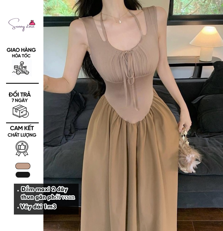 Đầm maxi 2 dây bản kiểu dáng dài body xoè
