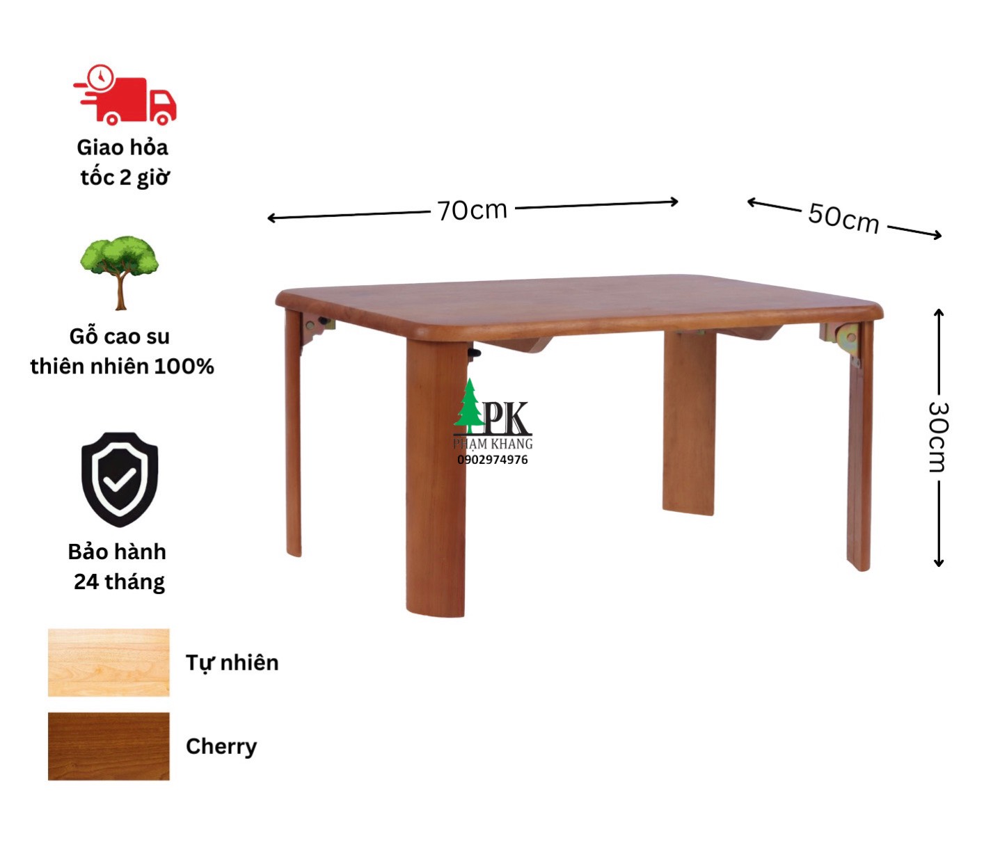 Bàn gỗ xếp chân bánh mì Phạm Khang - Gỗ cao su tự nhiên màu Gỗ Tự Nhiên/ Vàng Cherry - Kích thước 50 x 70 cm