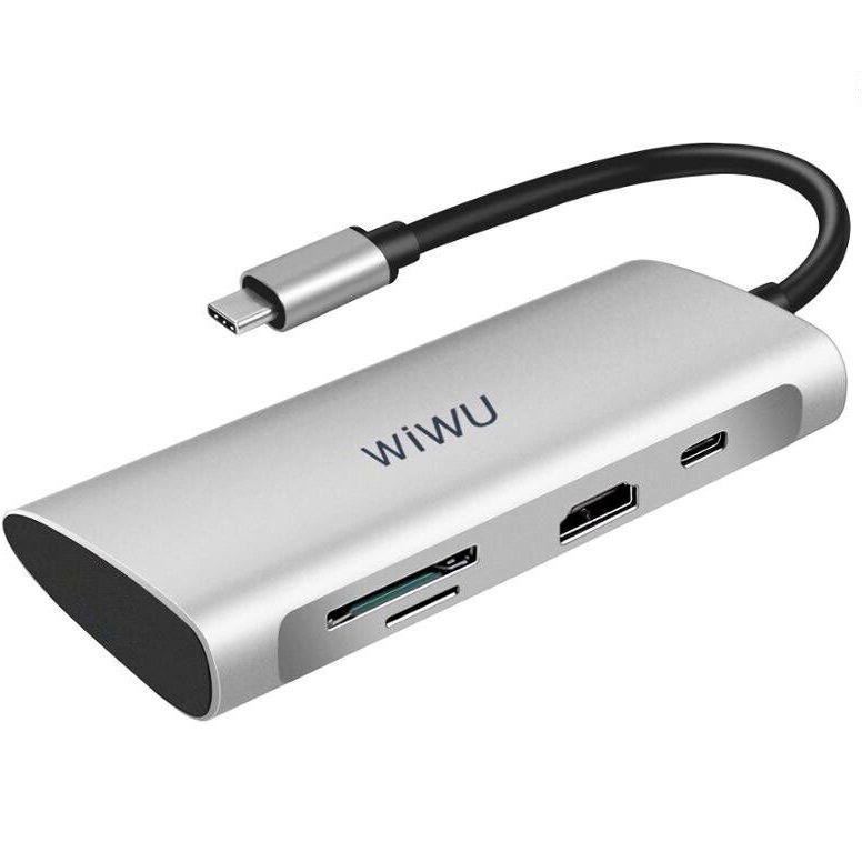 Hub sạc nhanh đa năng 7 in 1 chia cổng Type-C hiệu WIWU ALPHA A731HP thành cổng Type-C PD 3.0, 3 cổng USB 3.0, SD & Micro SD, cổng HDMI chuẩn 4k cho Macbook Pro / Smartphone đạt chứng nhận MFI - Hàng nhập khẩu
