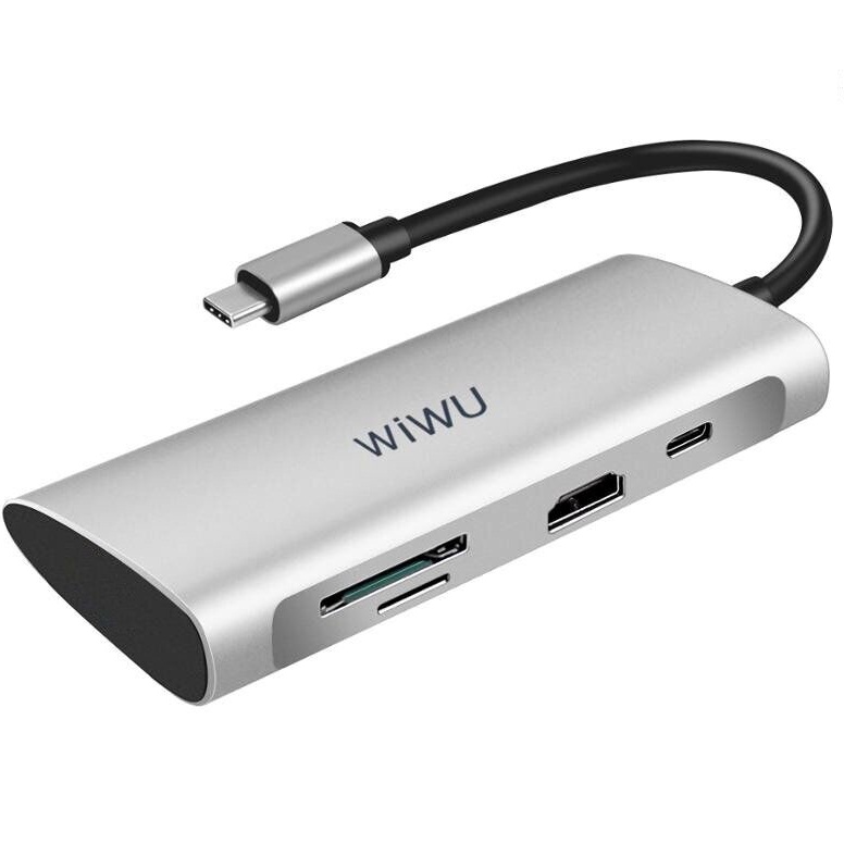 Hub sạc nhanh đa năng 7 in 1 chia cổng Type-C hiệu WIWU ALPHA A731HP thành cổng Type-C PD 3.0, 3 cổng USB 3.0, SD &amp; Micro SD, cổng HDMI chuẩn 4k cho Macbook Pro / Smartphone đạt chứng nhận MFI - Hàng nhập khẩu