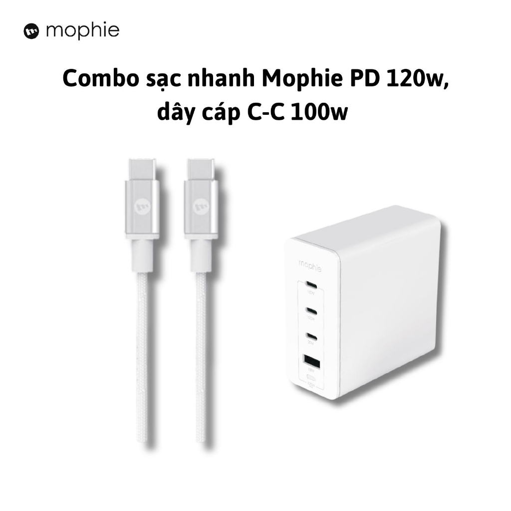 Combo sạc nhanh Mophie PD 67w/120w (GaN), dây cáp USB-C to USB-C 100w (1m/2m/3m) - Hàng chính hãng