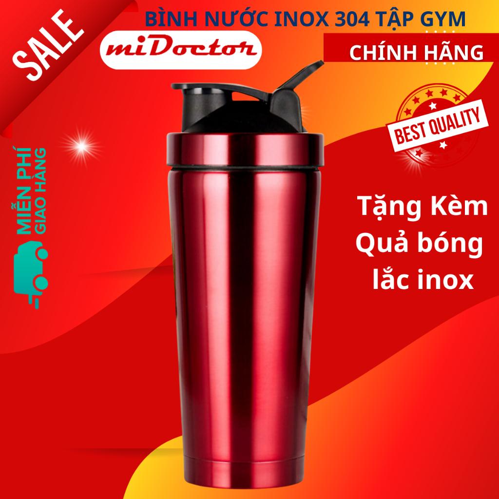 Bình Lắc Inox Tập Gym Shaker Cao Cấp Chính Hãng miDoctor 800ml – Chọn Màu Tặng Kèm Bóng Lò Xo Đánh Bột