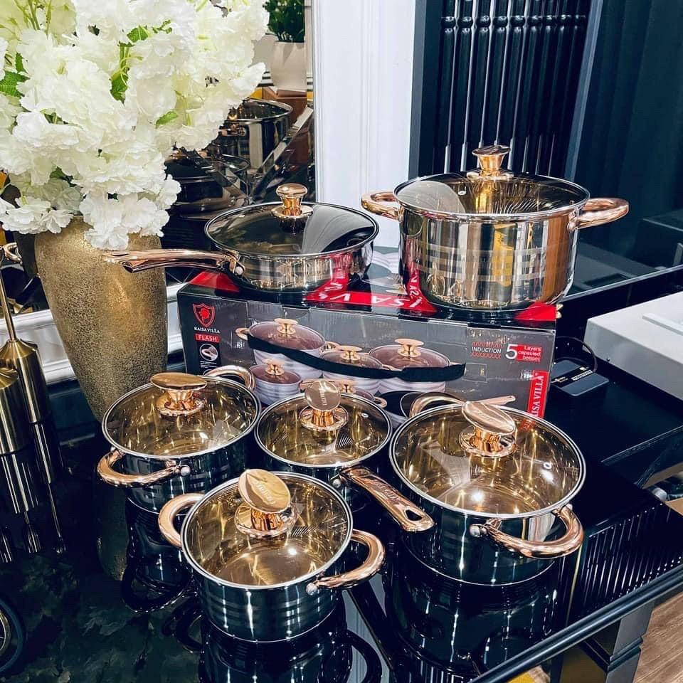 BỘ NỒI VÀ CHẢO 6 MÓN 12 CHI TIẾT công nghệ Đức 9 đáy inox 304