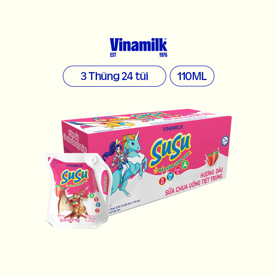 3 Thùng Sữa chua uống tiệt trùng hương Dâu Vinamilk Susu Túi 110ml 24 Túi/Thùng