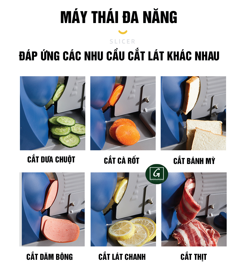 Máy thái thịt, máy thái thịt đông lạnh, máy thái đa năng, máy thái thịt chín, máy thái thịt bò, máy thái củ quả, máy thái bánh mỳ, motor lõi đồng, công suất 200W