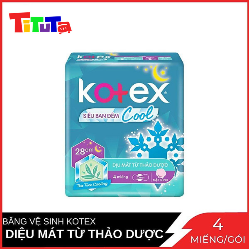 Băng Vệ Sinh Kotex siêu ban đêm Cool mặt bông cánh 28cm Gói 4 Miếng