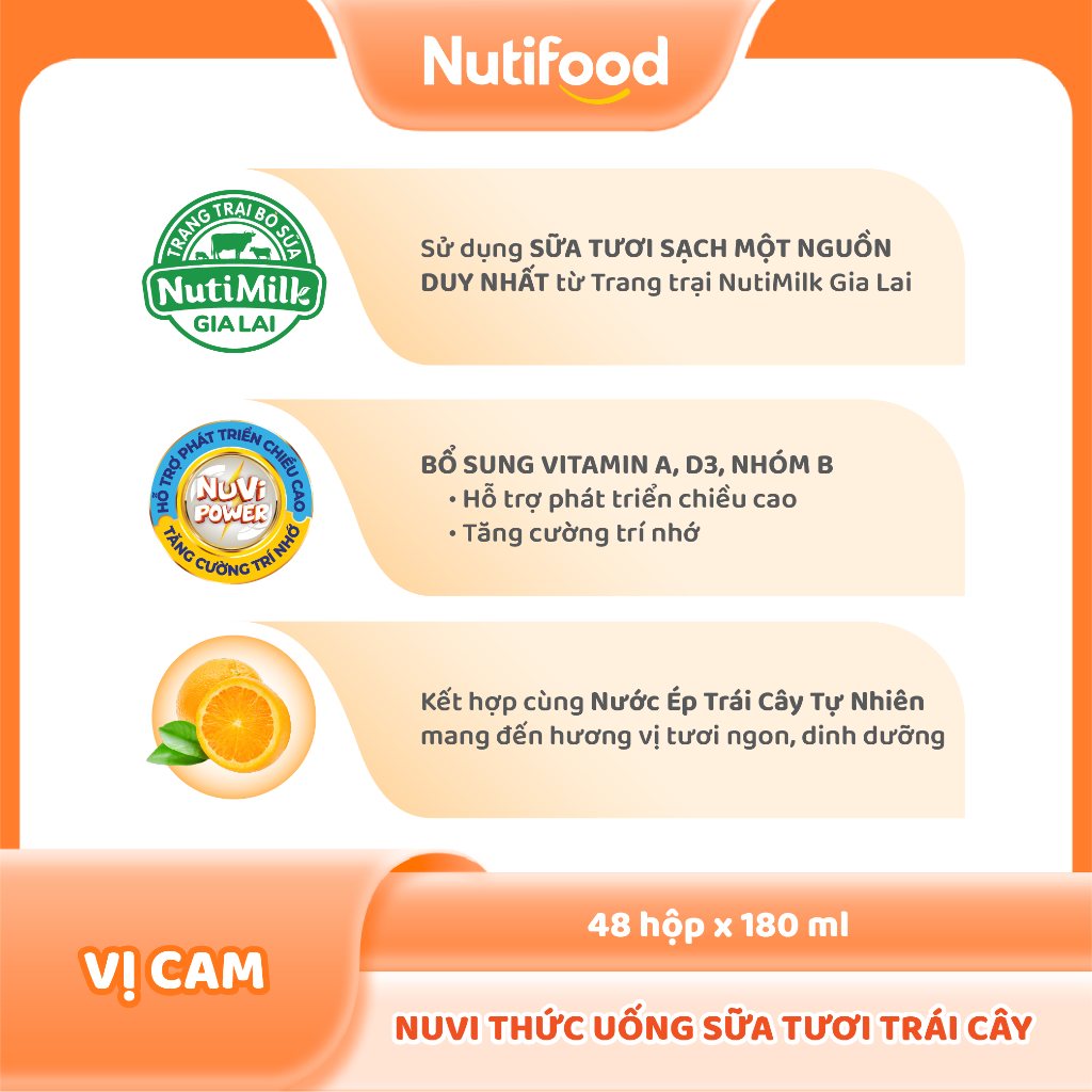 Thùng 48 hộp Thức Uống Sữa Tươi Trái Cây Tươi Nuvi Vị Cam 180ml - Tăng Cường Chiều Cao, Phát Triển Trí Não