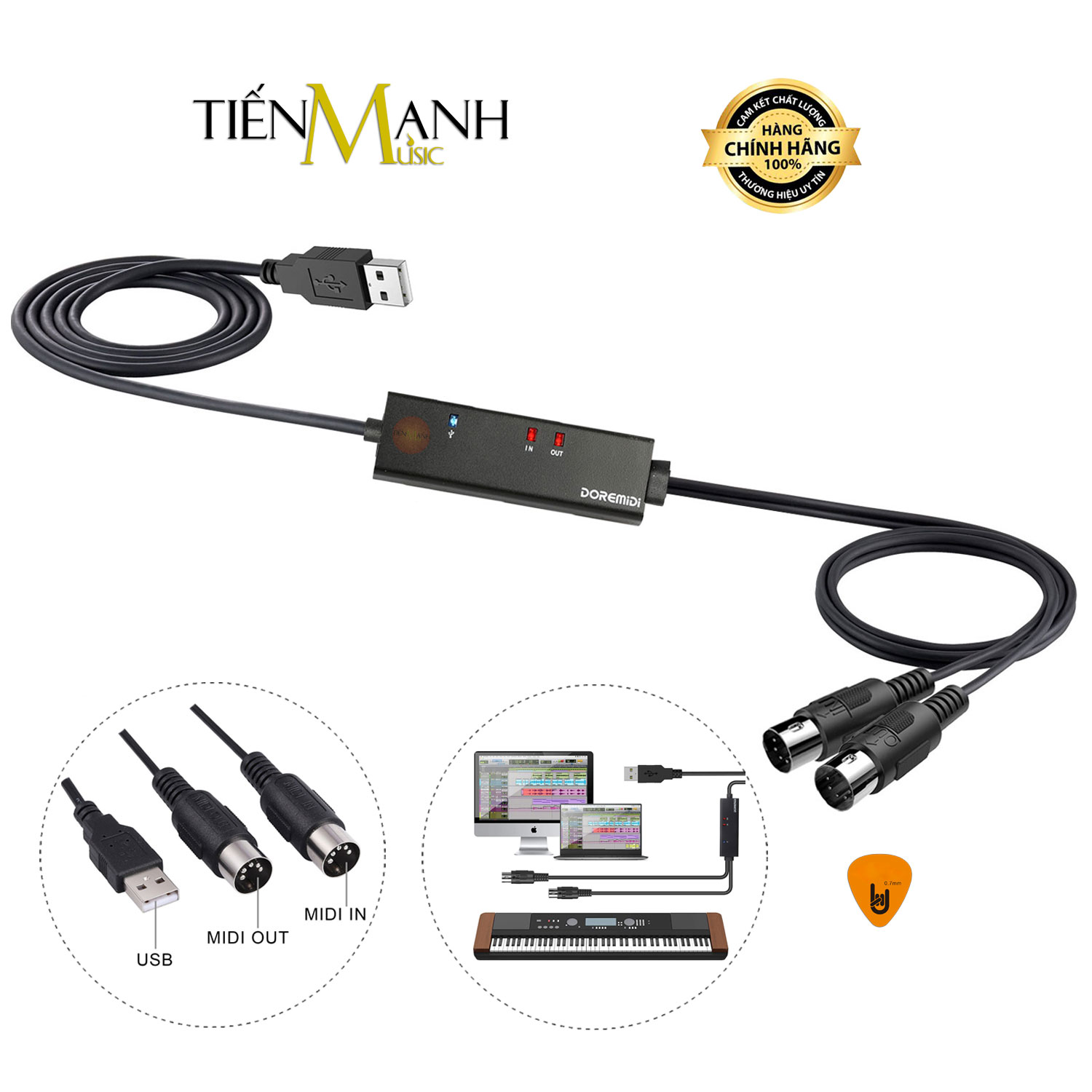 Dây Cáp Midi USB-A DOREMiDi MTU10 Cable Cao Cấp Cho Đàn Piano, Organ, Keyboard MTU-10 Hàng Chính Hãng - Kèm Móng Gẩy DreamMaker