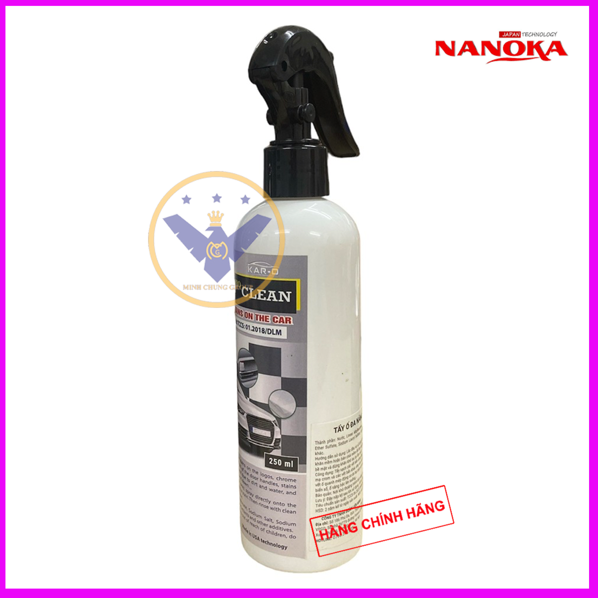 Tẩy ố kính ô tô, ố vàng lazang, logo, nẹp mạ crom Nanoka Clean 250ml