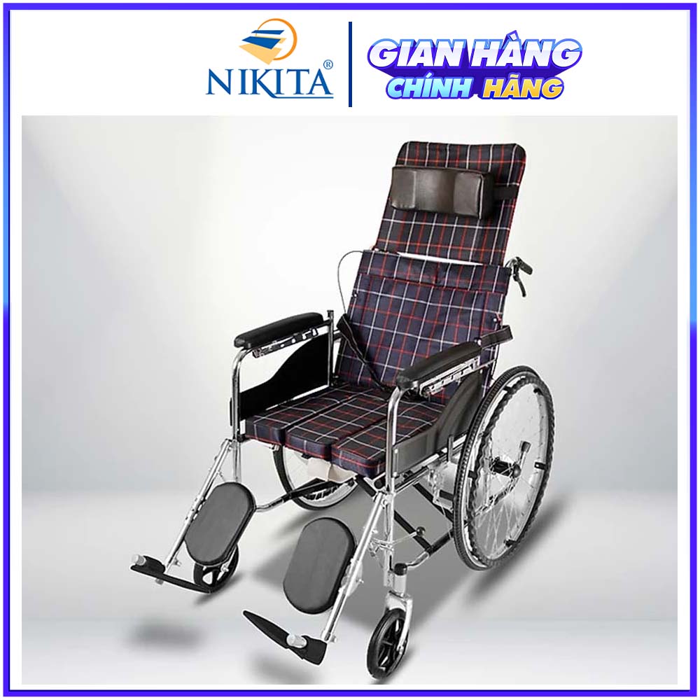 Xe lăn tay đa chức năng, Có đệm, Bô vệ sinh, Có thể ngã thành giường, Kèm 2 miếng lót có thể tháo rời để giặt - Hàng chính hãng NIKITA 2024