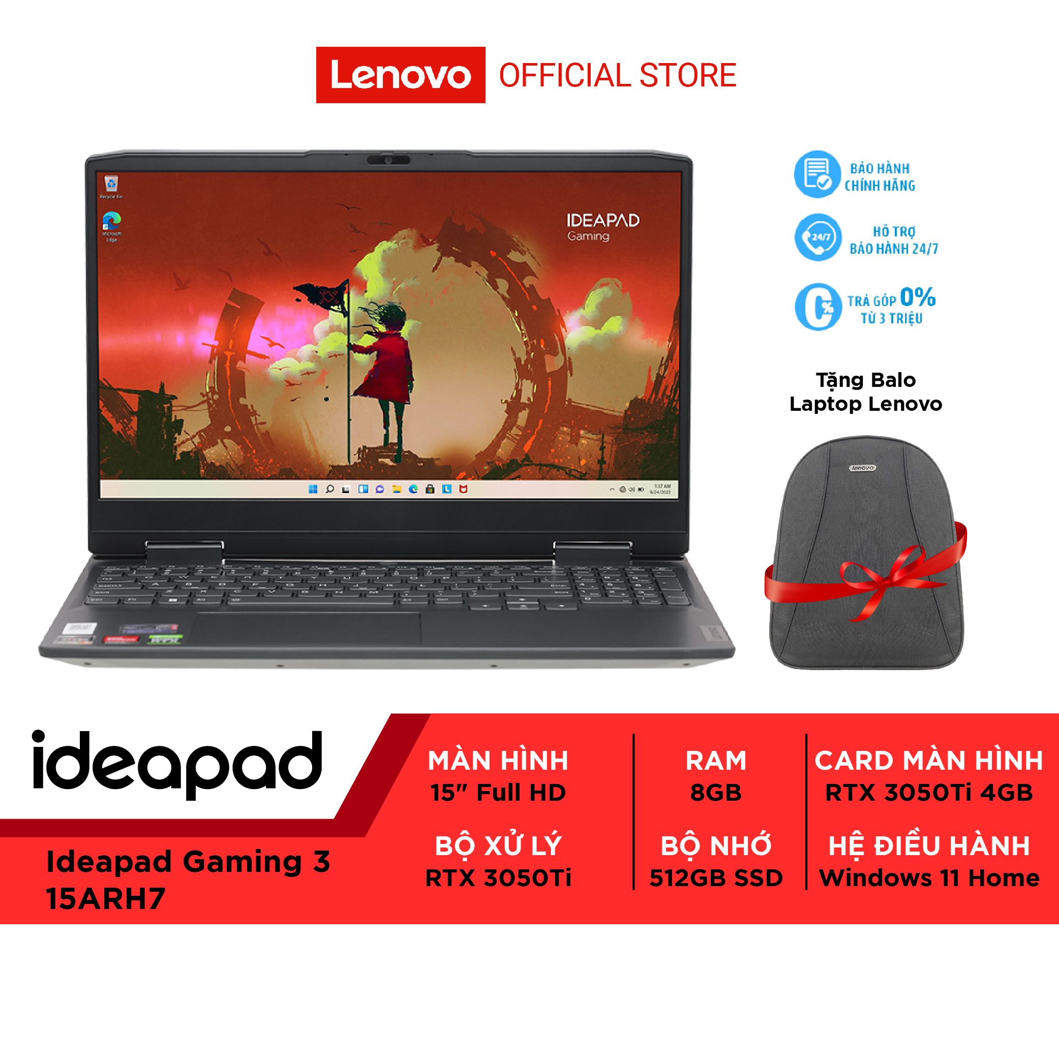 Laptop Lenovo Ideapad Gaming 3 15ARH7 82SB007LVN R5 6600H|16GB|512GB|4GB RTX3050Ti|120Hz|Win11 - Hàng chính hãng