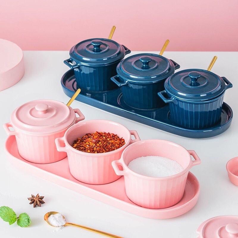 Khay 3 Hũ Sứ Gia Vị kèm thìa, Sét Ăn Sáng Đồ Ăn Dặm, Sứ cao cấp xuất khẩu