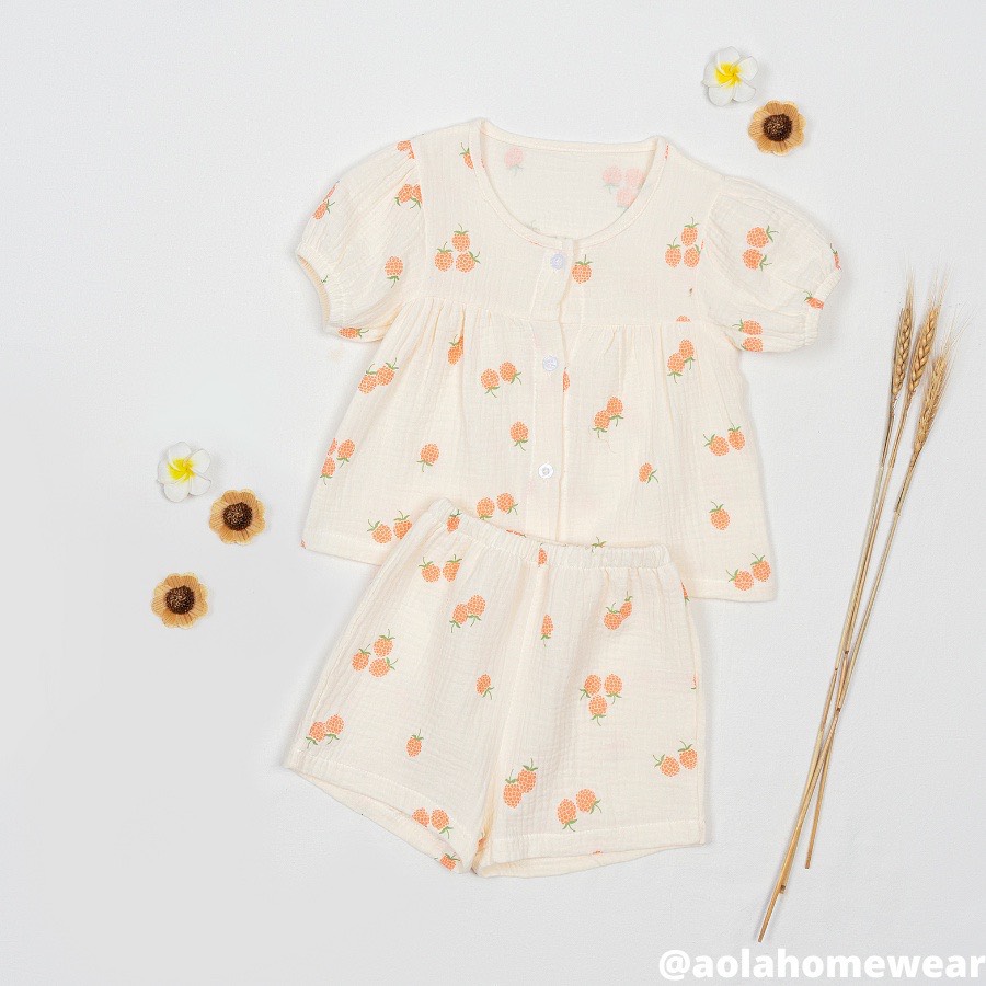 Bộ bé gái xô muslin babydoll tay phồng Áo Lá Homewear A006, đồ bé gái vải xô đũi họa tiết hoa nhí dễ thương