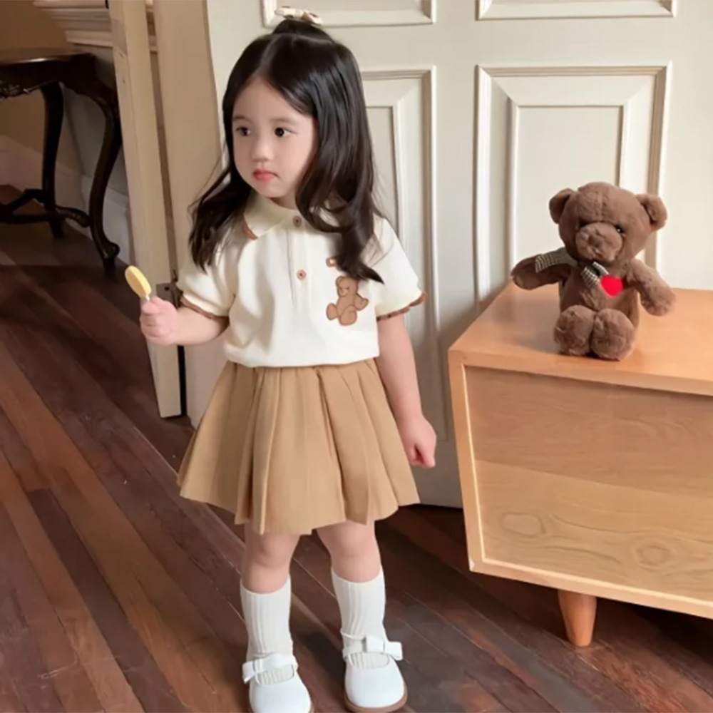 Set váy bé gái cộc tay 1-6 tuổi in chữ và đáp Gấu thấm hút mồ hôi cao cấp kiểu dáng thời trang