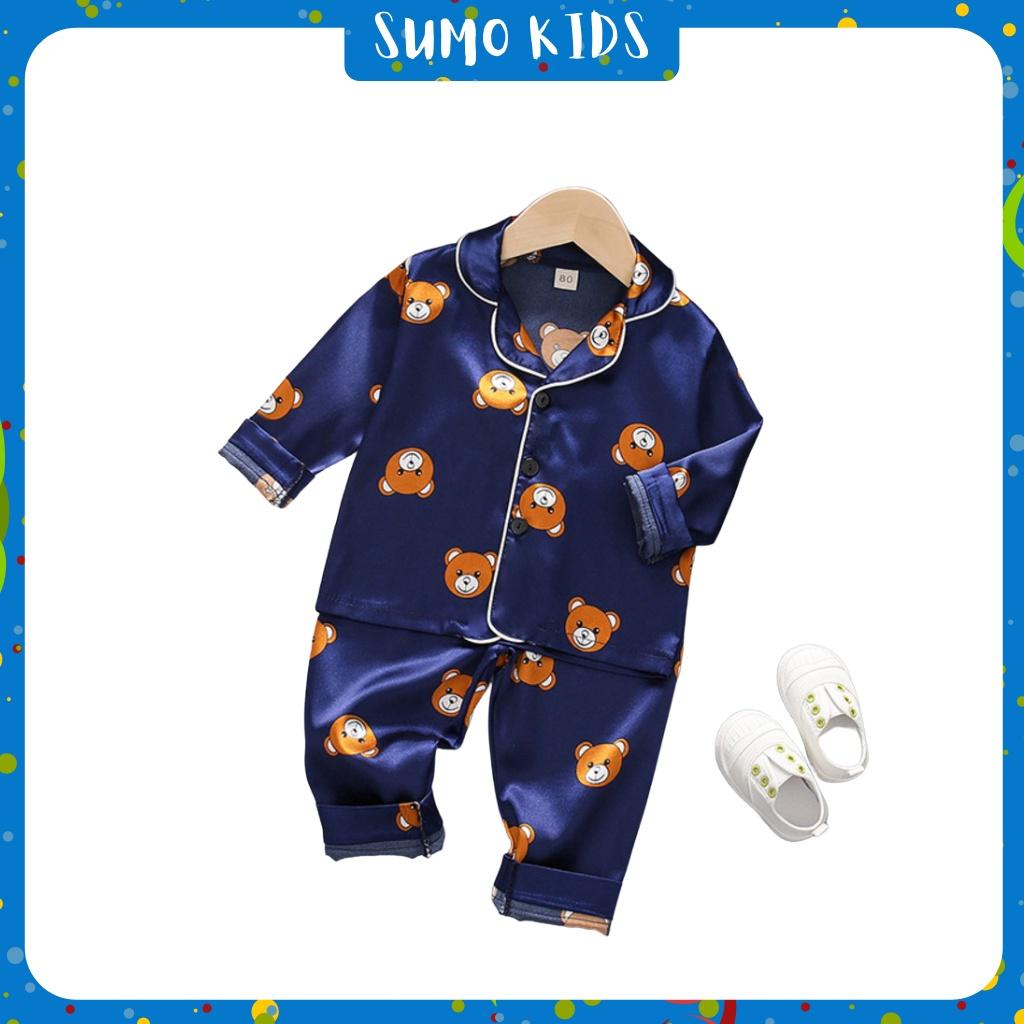 Set Quần Áo Trẻ Em In Hình Gấu Cute Bộ Đồ Ngủ Pijama Cho Bé Trai Bé Gái Dài Tay Thoáng Mát Size Từ 7-28kg - SUMO KIDS