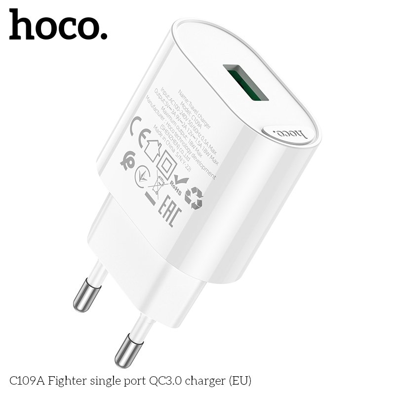 Cóc Sạc Nhanh Dành Cho Hoco C109A 18W Qc3.0 Chân Cắm Eu 1 Cổng Usb Hàng Chính Hãng
